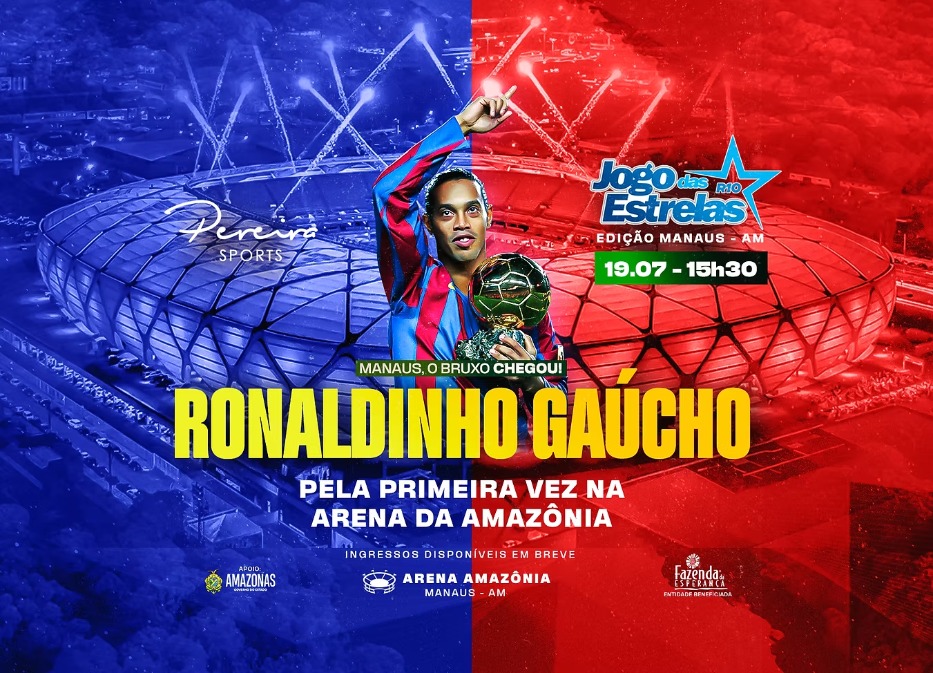 Ronaldinho Gaúcho & Amigos desembarcam em Manaus para o “Jogo das Estrelas” na Arena Amazônia