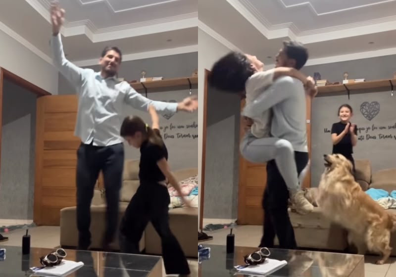 Pai dança para animar filha após dia difícil e alegria contagia a família inteira