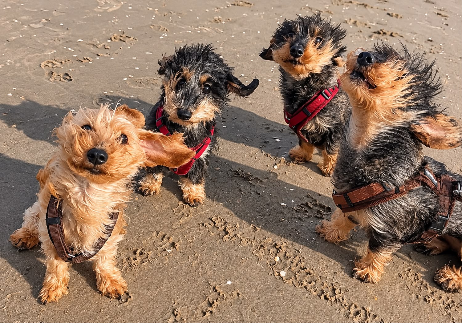 Cachorrinhos vão à praia, vento bagunça os pelos e fotos ficam hilárias; veja